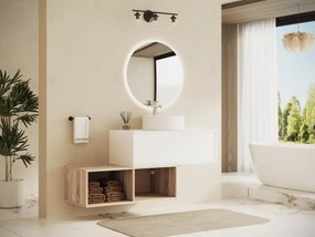 Mobile per bagno sospeso con lavabo tondo 1 cassetto Bianco e 2 nicchie Naturale chiaro 94 cm - TEANA II