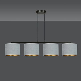 Lampadario 4 Luci Ganesha In Acciaio Nero E Paralumi In Tessuto Grigio