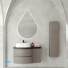 Mobile Bagno Sospeso "Dolce Vita" Da 105 Cm Base Con Due Cassetti Un'Anta Lavabo D'appoggio Specchio Retroilluminato In Finitura Pietra/Grigio Scuro