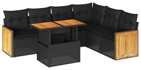 Set divani da giardino con cuscini 7pz nero polyrattan acacia
