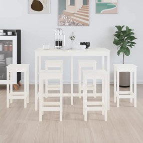 Set Da Bar 7 Pz Bianco İn Legno Massello Di Pino /
