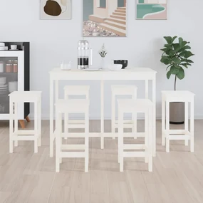 Set Da Bar 7 Pz Bianco İn Legno Massello Di Pino /