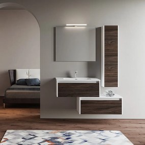 Mobile Bagno Sospeso Sfalsato 80 Cm Due Cassetti Specchio Con Illuminazione Led Savini "Luna 2"