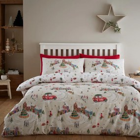Set copripiumino e federa bianco e beige per letto matrimoniale e per letto esteso 230x220 cm Christmas Town – Catherine Lansfield