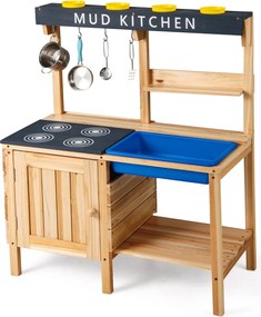 Costway Cucina da esterno per bambini da 3 a 8 anni 2 ripiani di stoccaggio, Cucina giocattolo in legno con lavello removibile Naturale