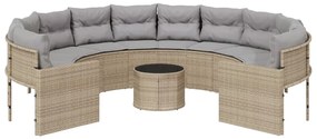 Divano giardino con tavolo e cuscini circolare beige polyrattan