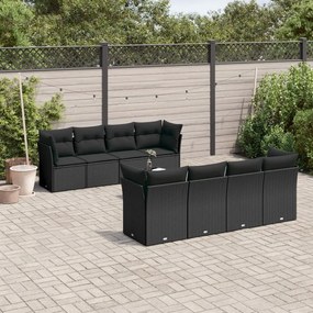 Set Divani da Giardino 9 pz con Cuscini Nero in Polyrattan