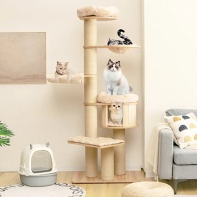 Costway Albero tiragraffi per gatti moderno e alto, Albero per gatti multistrato con nicchia in legno trespolo Beige