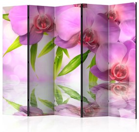 Paravento design Spa orchidea II (5 parti) - fiori rosa e foglie sull'acqua