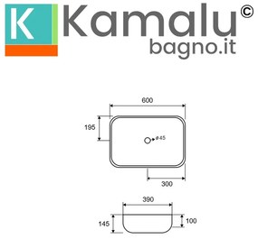 Kamalu - lavabo da appoggio rettangolare colore bianco opaco 60cm | mil-lb