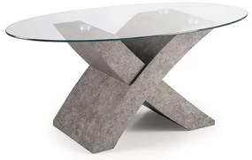 Tavolino piano in vetro ovale TITO con base color CEMENTO