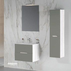 Mobile Bagno Sospeso "Iris" Da 60 Cm Composto Da Due Cassetti Lavabo E Specchio Con Lampada Led Finitura Rovere Bianco/Tortora Chiaro Opaco