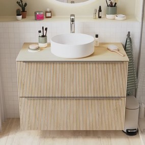 Mobile bagno sospeso Neo Groove L 91 x H 68 x P 49 cm, 2 cassetti con maniglia cromo, top e lavabo da appoggio Studio in ceramica bianco opaco inclusi, rovere naturale cannettato