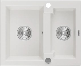 Mexen Carlos lavello in granito 1,5 vasche 582 x 475 mm, bianco, sifone cromato - 6518581500-20