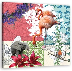 Quadro su tela, Flamingo Elephant Bird Collage
