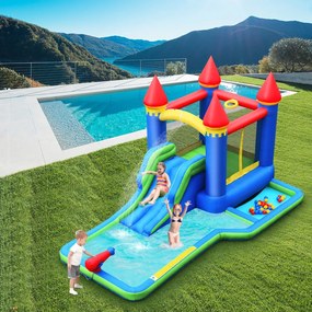Costway Parco acquatico gonfiabile con compressore per l’uso bagnato e asciutto, Scivolo acquatico gonfiabile con piscina