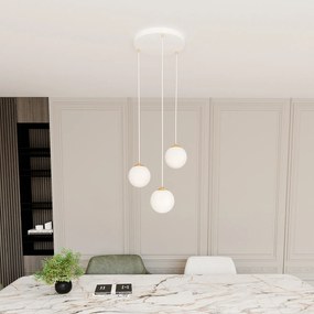 Sospensione Contemporanea Nuada 3 Luci In Acciaio Bianco Sfera Vetro Bianco