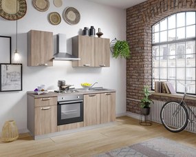 Cucina montata Dora rovere chiaro, lavello a destra, L 195 cm, completa di: cappa a camino, piano cottura a gas, forno