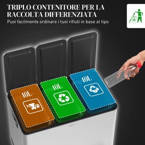 Pattumiera Differenziata Cestino Spazzatura 3 Scomparti da 10L in Acciaio Inox Argento...