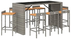 Set bar giardino 9pz grigio polyrattan e legno massello acacia