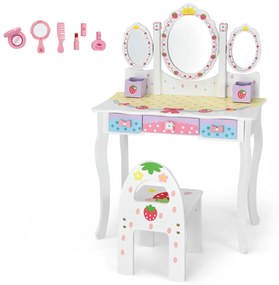 Costway Set toeletta con specchio tripartito per bambini, Set tavolo e sedia con 3 cassetti 2 scatole sgabello Bianco