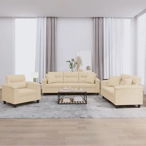 Set Divani 3 Pz Con Cuscini Crema İn Tessuto Microfibra /