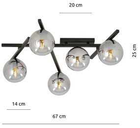 Plafoniera Moderna 5 Luci Teti In Acciaio Nero Bracci Regolabili E Vetro Fumè
