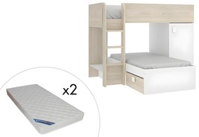 Letto a castello ad angolo reversibile - Vani portaoggetti integrati 2 x 90 x 190 cm Rovere e Bianco + materasso - RICARDO