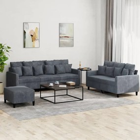 Set Di Divani 3 Pz Con Cuscini Grigio Scuro İn Velluto /