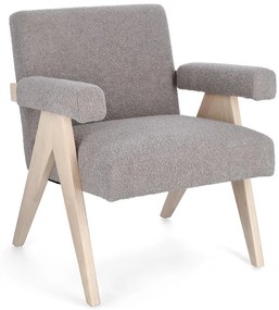 Poltrona FAIZA in tessuto effetto bouclé tortora e gambe in legno rubberwood