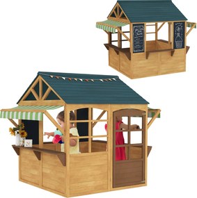 Casetta per Bambini 3-8 Anni 173x117x144 cm con 5 Finestre e 2 Lavagne in Legno di Abete Marrone e Blu...