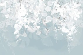 Carta da parati – Foglie con Colibrì in Blu-Grigio
