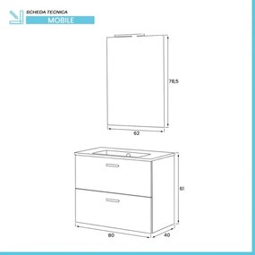 Mobiletto bagno sospeso 80 bianco con top e specchio LED Martha