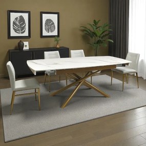 Tavolo da pranzo allungabile Veral 160-240x90 cm marmo bianco e gambe oro