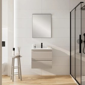 Mobile da bagno sospeso Pull taupe con lavabo in mineralmarmo bianco opaco con 2 cassetti a chiusura ammortizzata (estrazione parziale), con presa maniglia L60 H55 P45 cm