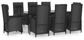 Set da pranzo da giardino 9 pz con cuscini nero in polyrattan
