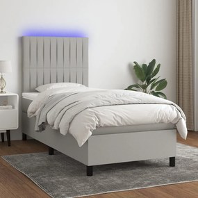 Letto a molle materasso e led grigio chiaro 80x200 cm tessuto