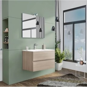 Mobile da bagno sospeso 80 cm con lavabo, specchio e led rovere fumo