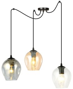 Sospensione 3 Luci Parsifal In Acciaio Nero E Vetro Multicolor Con Cavi Lunghi