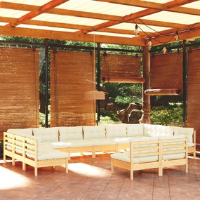 Set divani da giardino 12 pz con cuscini crema massello di pino