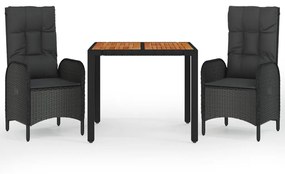 Set da pranzo da giardino 3 pz con cuscini nero in polyrattan