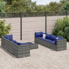 Set divani da giardino 9 pz con cuscini in polyrattan grigio