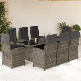 Set da pranzo da giardino 9 pz con cuscini in polyrattan grigio