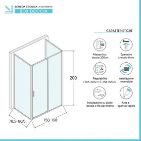 Box doccia 3 lati 80x160x80 cm con porta scorrevole in vetro serigrafato Ted