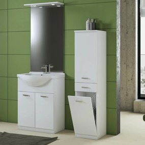 Mobile Bagno A Terra "Classica" Da 75 Cm Composto Da Due Ante E Tre Cassetti Lavabo E Specchio Con Faretti Led Finitura Bianco Lucido