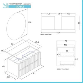 Mobile bagno sospeso cannettato 90 cm rovere chiaro con top e specchio Bali