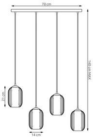 Lampadario 4 Luci Selene In Acciaio Nero E Vetri Plissettati Fumè