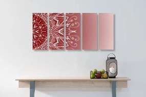 Quadri 5 pezzi – Mandala bianco su sfondo bordeaux