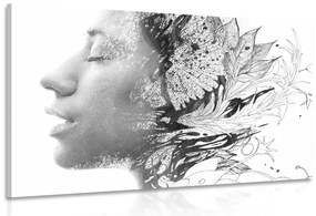 Stampa su tela – Donna con fiori dipinti in bianco e nero