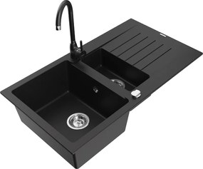 Mexen Matias lavello in granito a 1,5 vasche con scolapiatti e rubinetto da cucina Telma, nero - 6502-77-670200-70